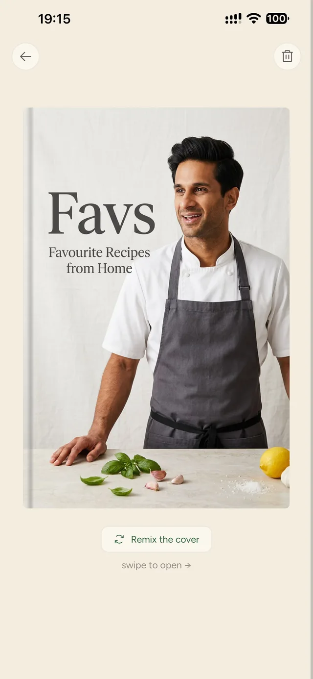 A personal cookbook titled Favs with an AI-designed cover